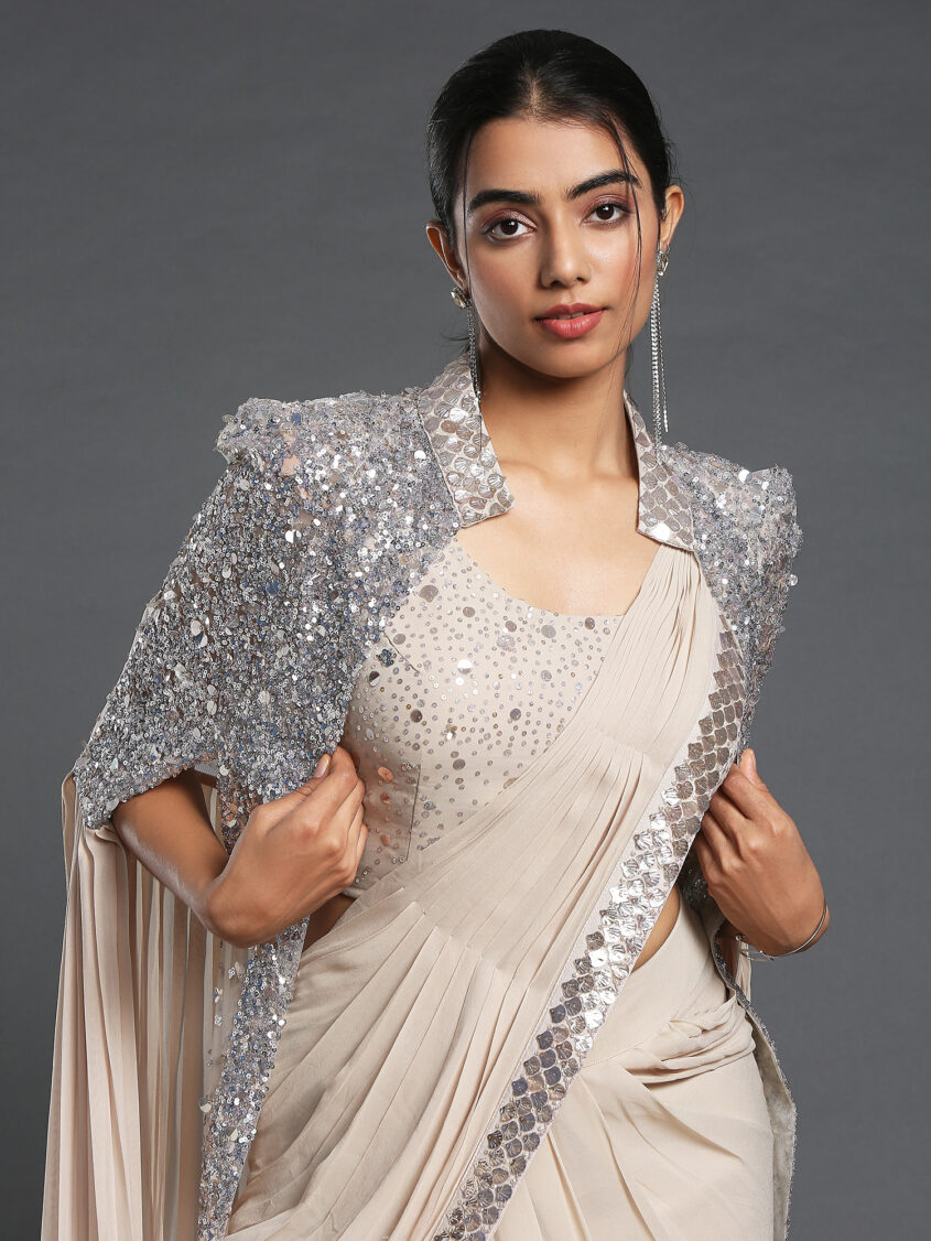 Peplum jacket Draped saree gown – Ricco India