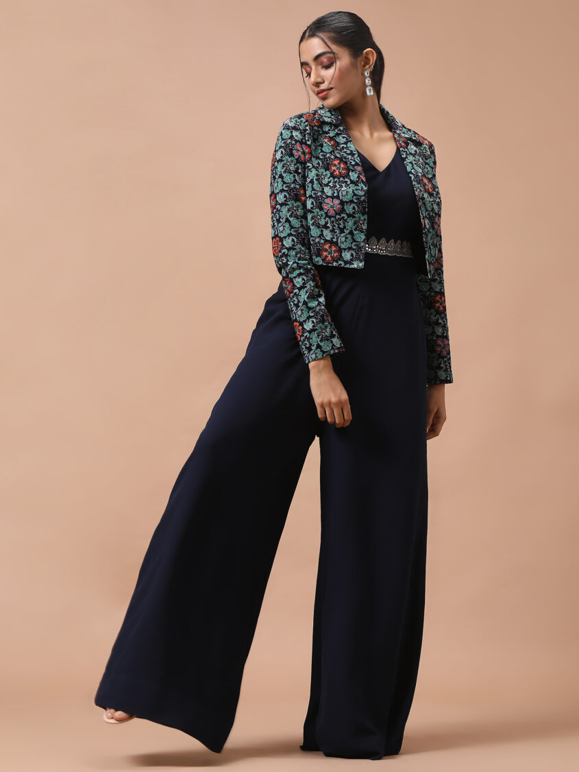 Rani Pink Sequins and Zari work with Printed Overcoat and Dhoti Style –  Seasons Chennai