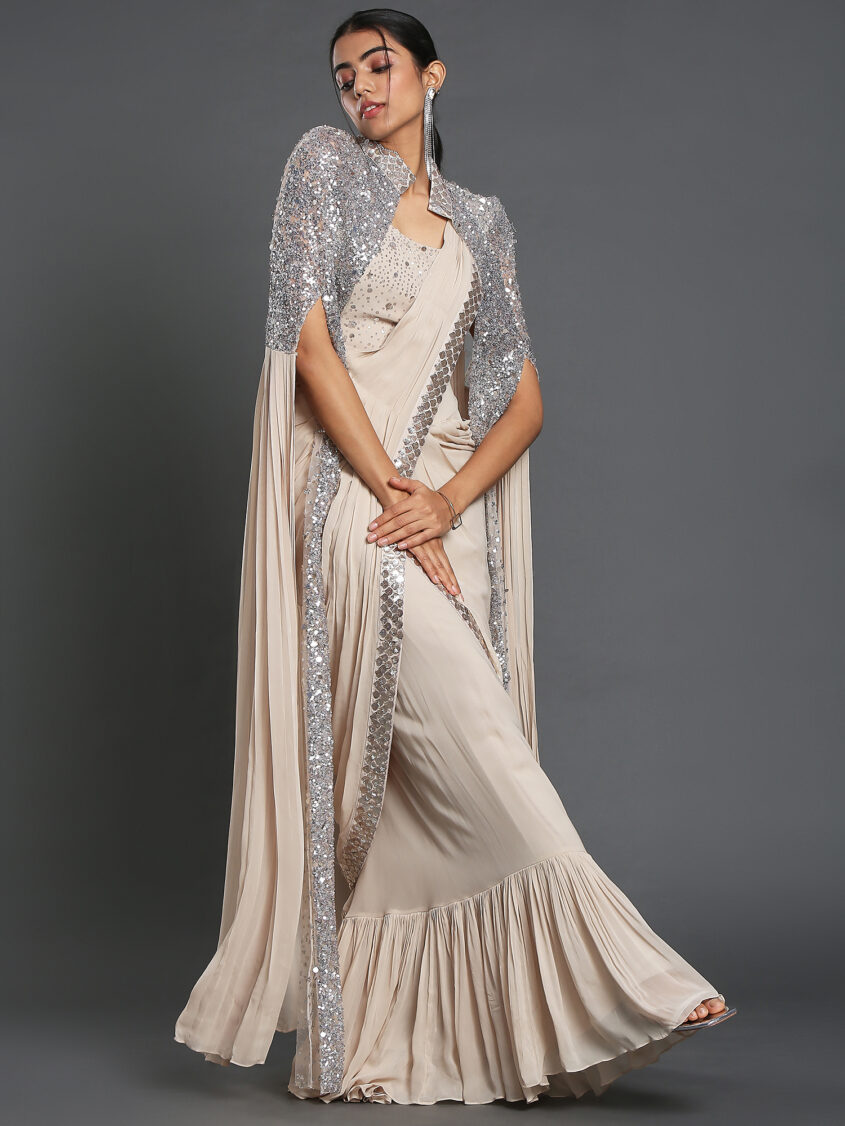 Ready to Wear Saree in Faux Georgette With Embroidery Work -